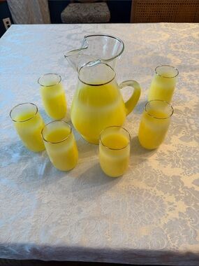 “Blendo” lemon yellow pitcher, and six tumblers set